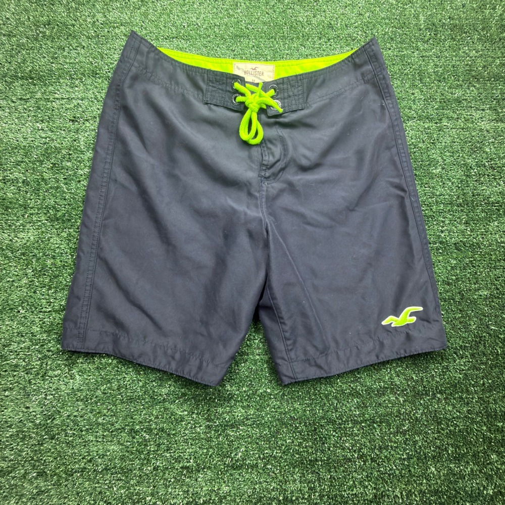 Hollister Mens SURF Board Shorts Navy Blue Neon Green Swim Trunks Size M Logo